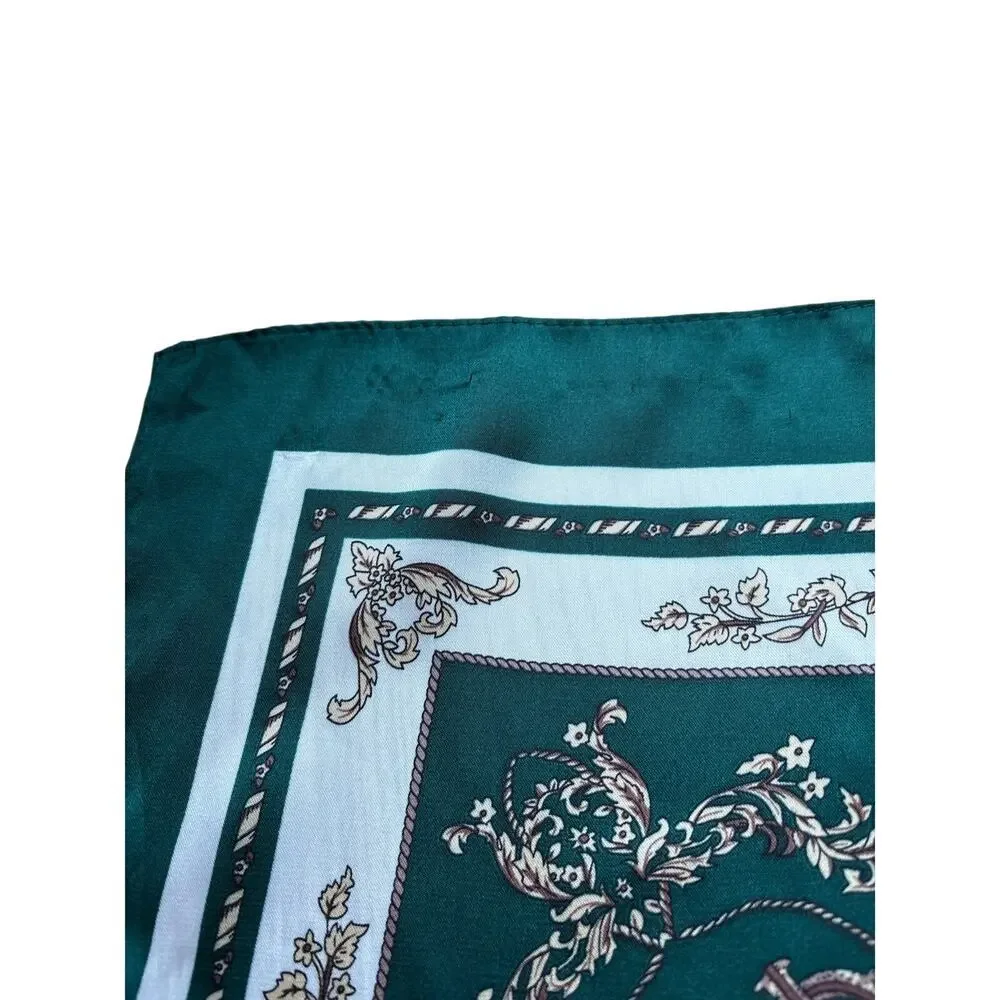 Vintage Emerald Green Silk Square Scarf Baroque Print
